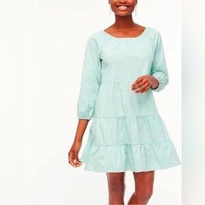 NWT J. Crew | Women’s Light Green/White Micro Plaid Tiered 3/4 Sleeve Dress Sz S